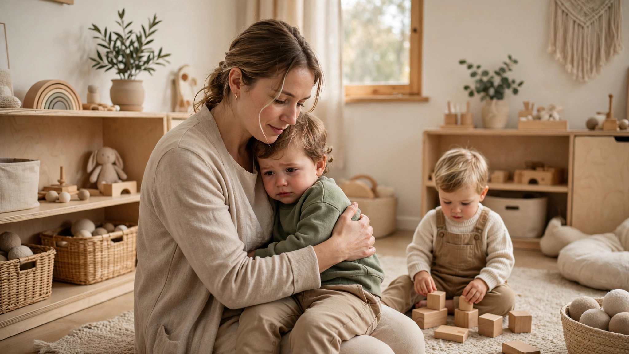 toddler biting at daycare teacher comforting upset toddler in daycare classroom
