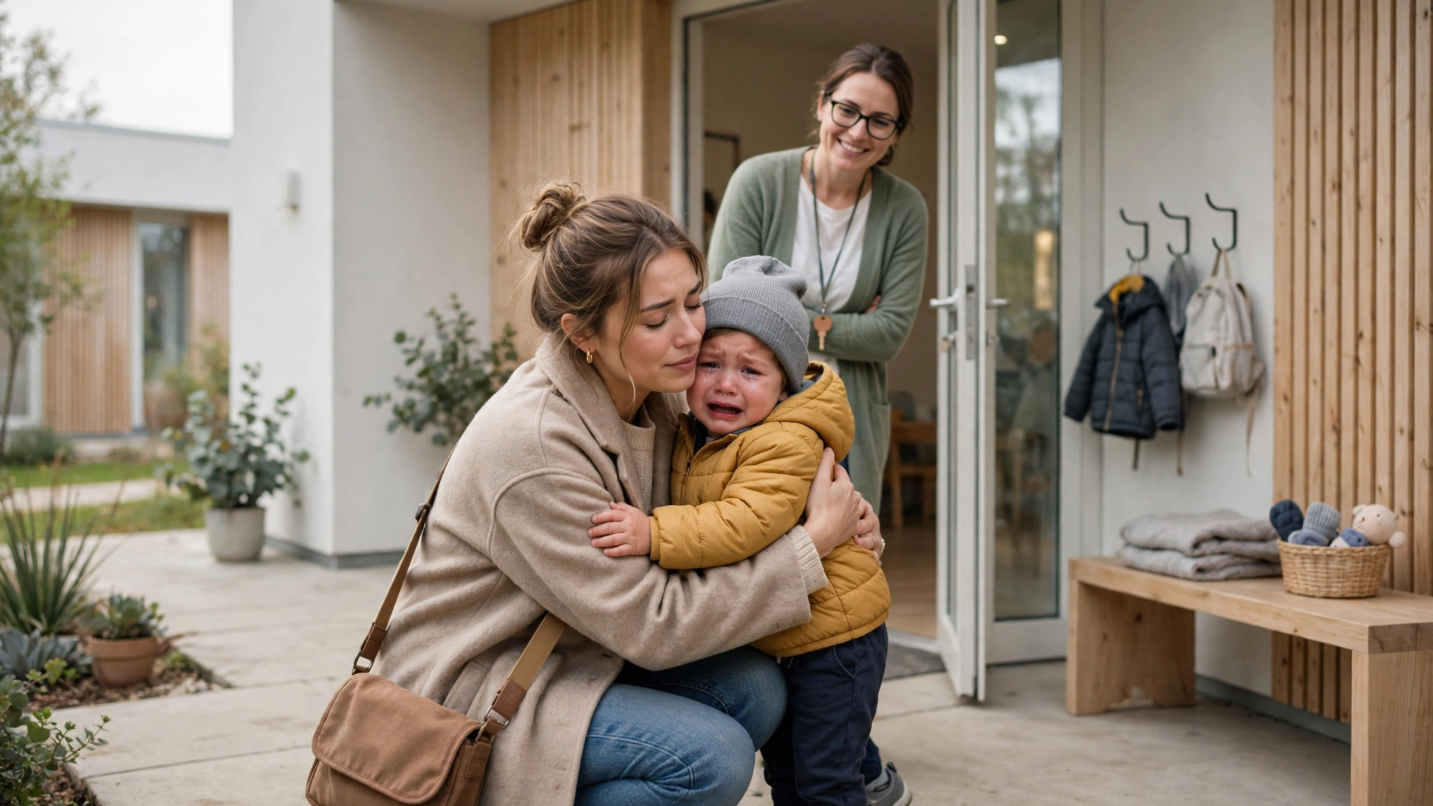 toddler cries at daycare drop off mom hugging crying toddler at daycare entrance