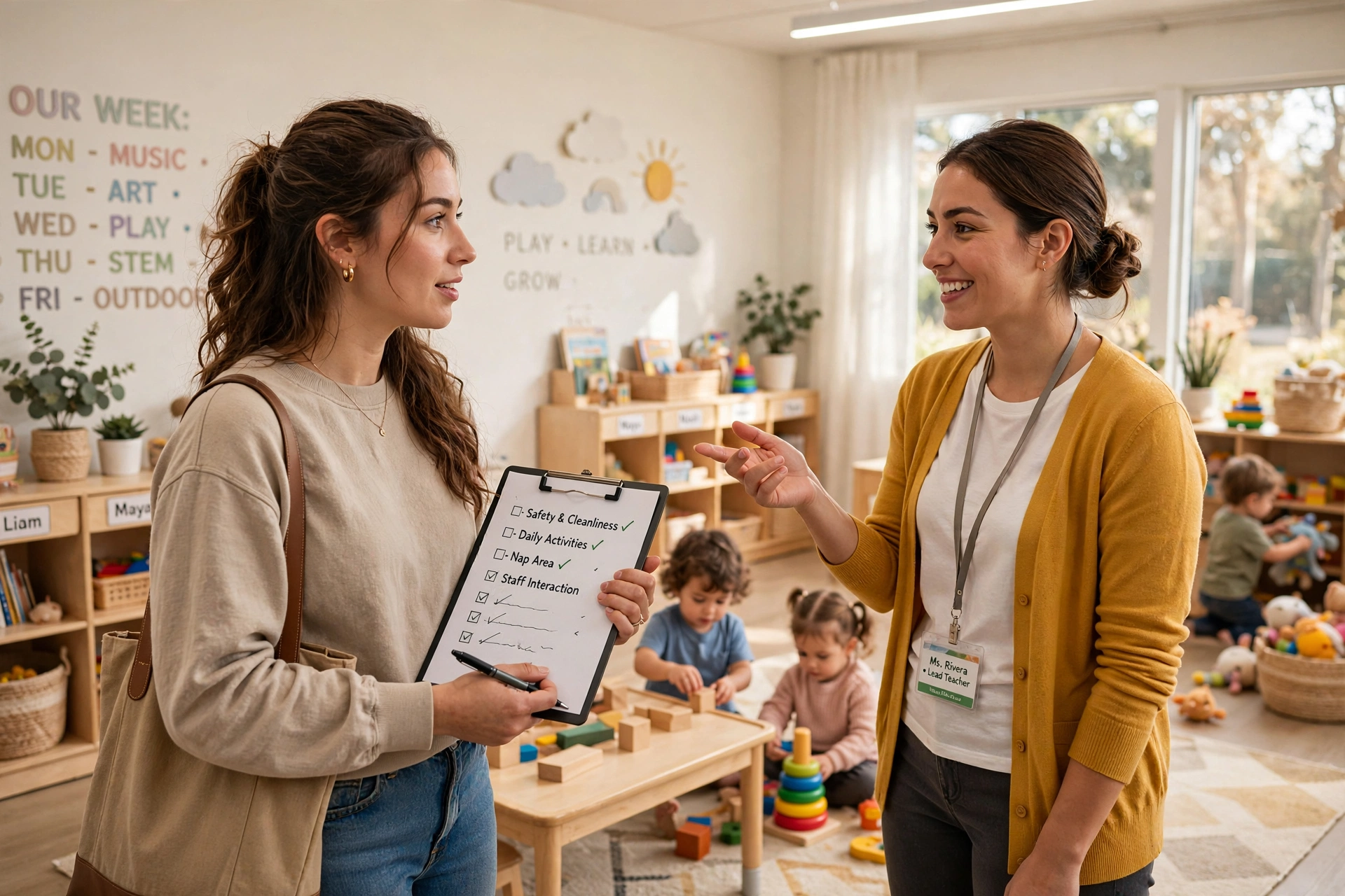 daycare tour questions mom touring daycare center with checklist