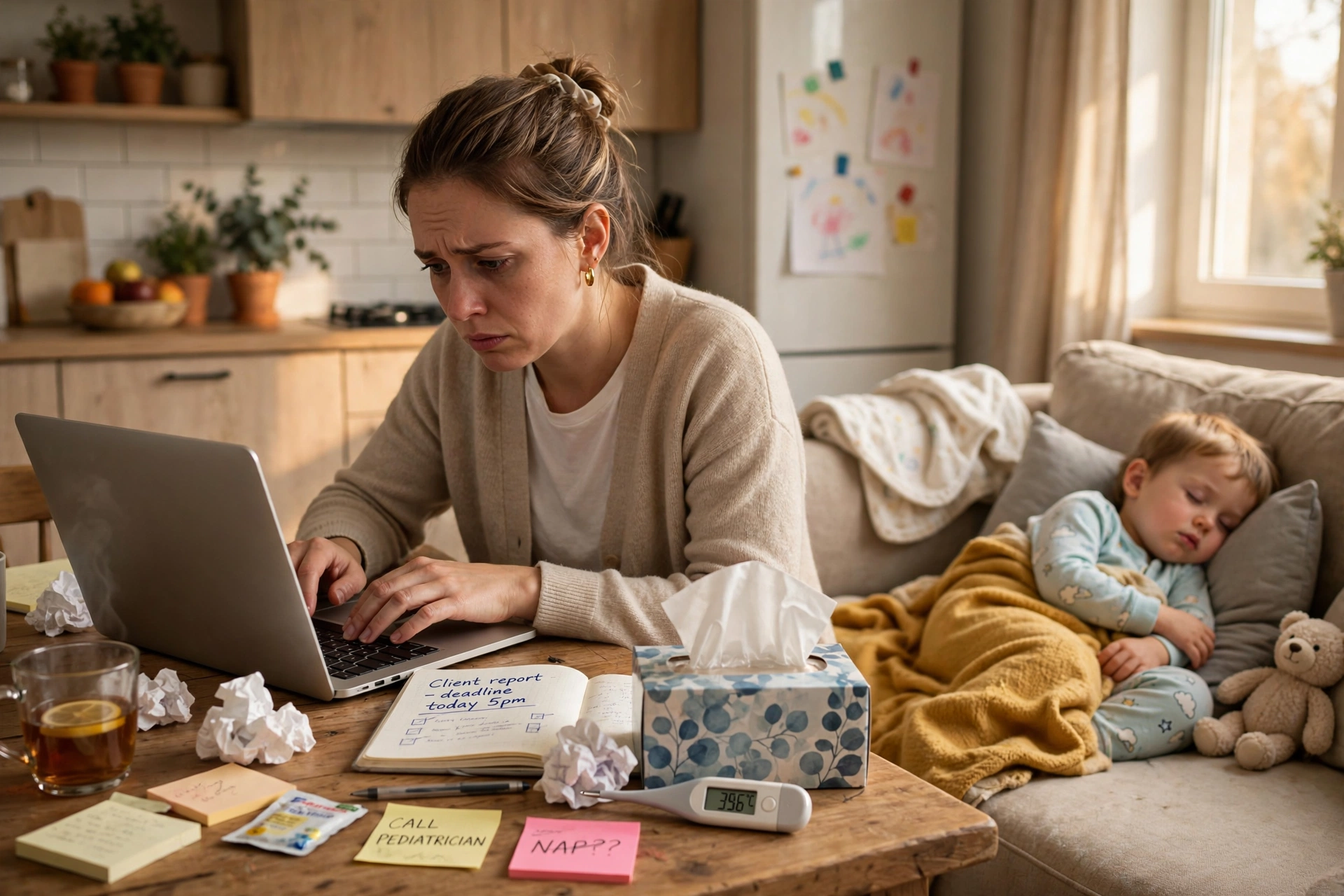 daycare backup plan mom working from home with sick toddler on couch