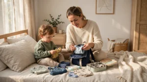 how to prepare toddler for daycare mom packing backpack with toddler for first day