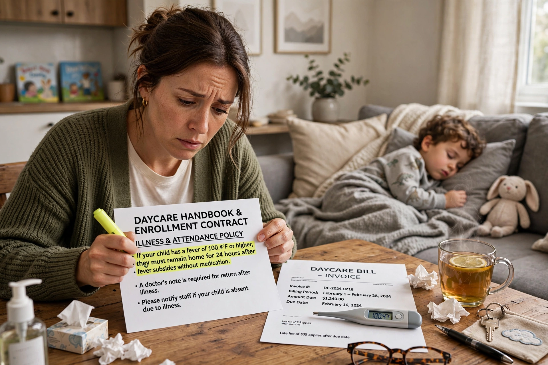 daycare sick policy mom reading daycare handbook with sick toddler and bill