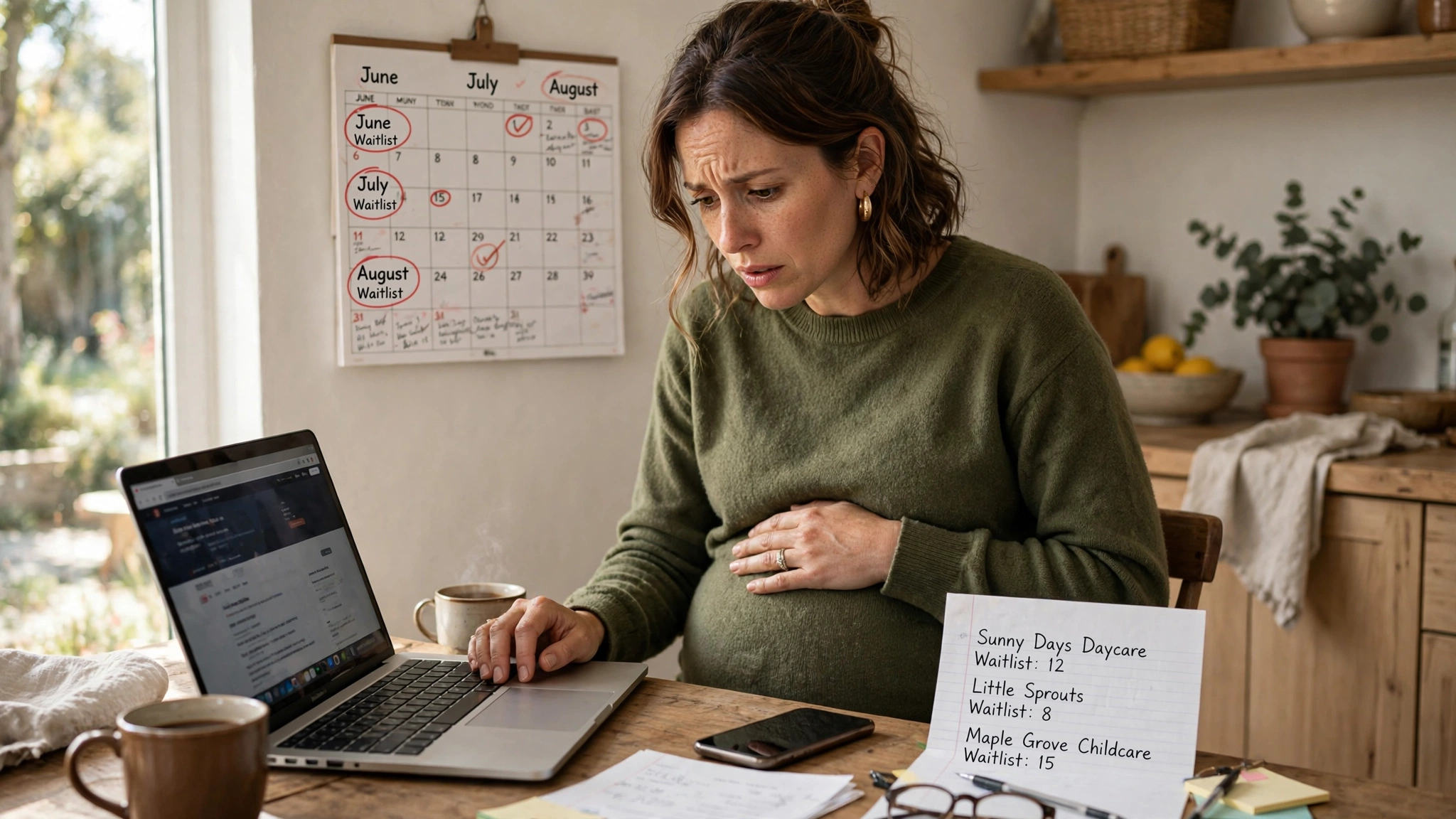 daycare waitlist mom waiting with baby on phone calling daycare