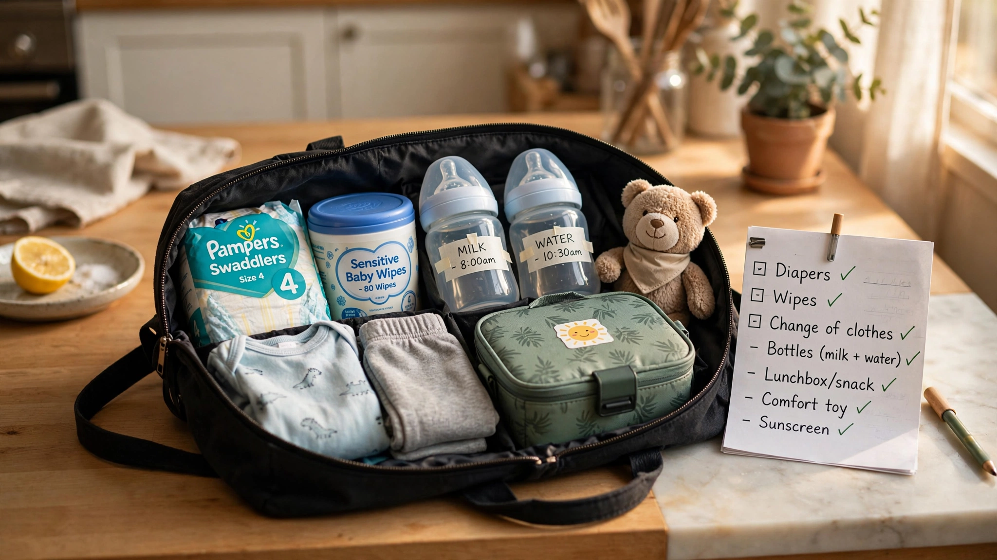 daycare packing list open diaper bag with diapers bottles clothes checklist