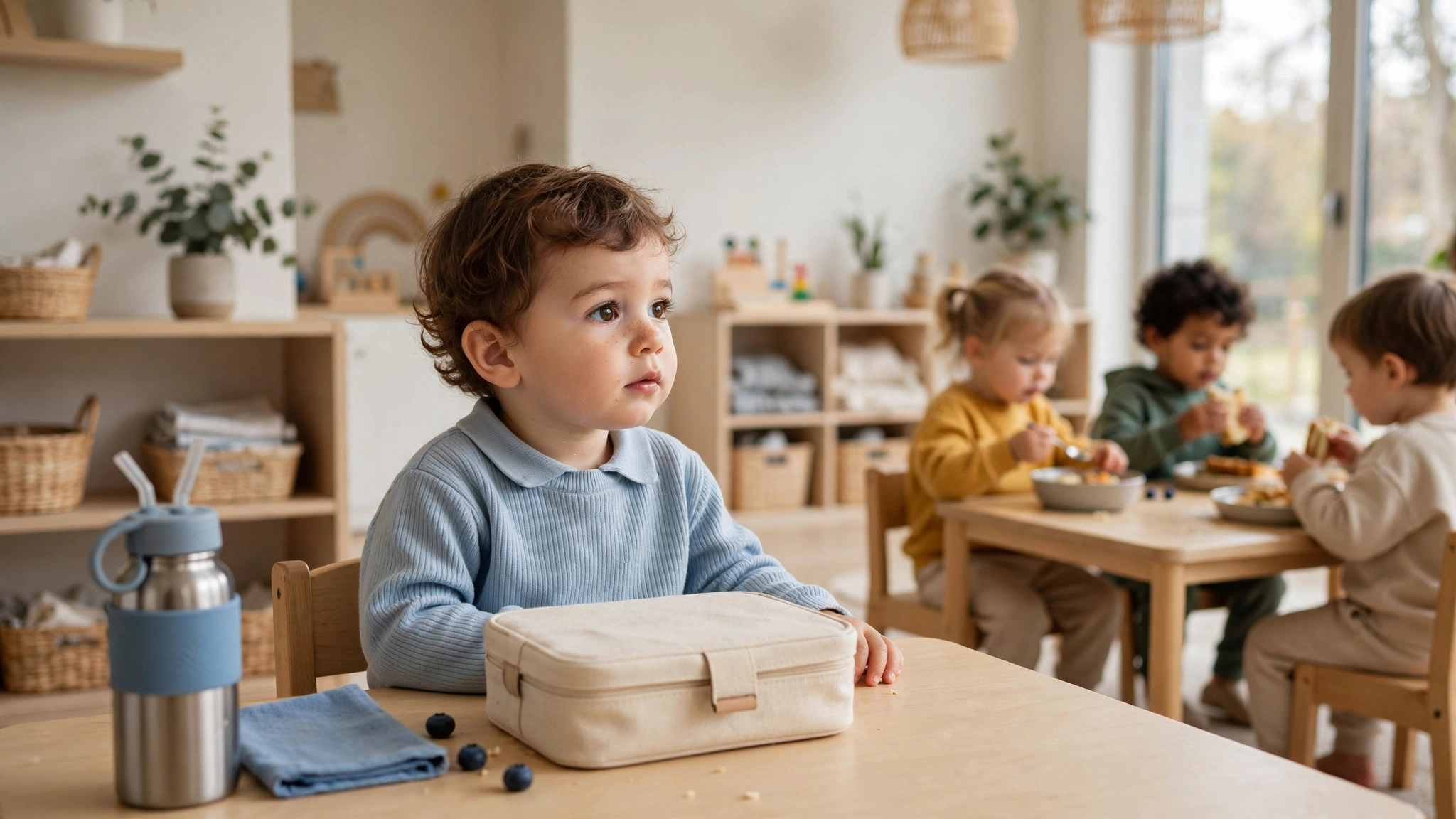 toddler not eating at daycare sitting with closed lunchbox while other toddlers eat